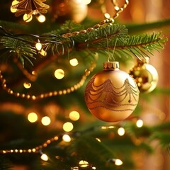 A close-up image of a gold Christmas ball hanging on a Christmas tree with fairy lights in the background