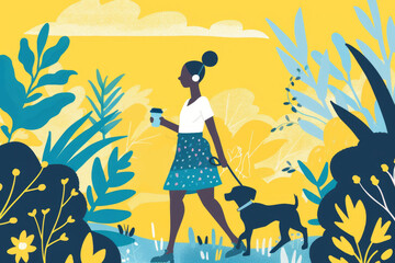 ilustración de mujer paseando perro - obrazy, fototapety, plakaty