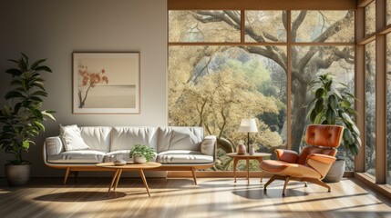 A stylish living room with a large window looking out onto a forest