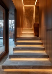 Obraz premium Wooden staircase with marble steps and indirect lighting