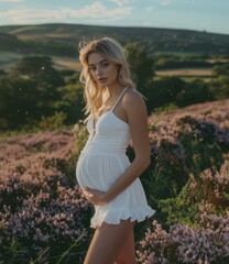 Fototapeta na wymiar Portrait of a Pregnant Woman in a Field of Flowers