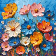 Colorful Beautiful Flowers Painted with Oil Paints - Bright Summer