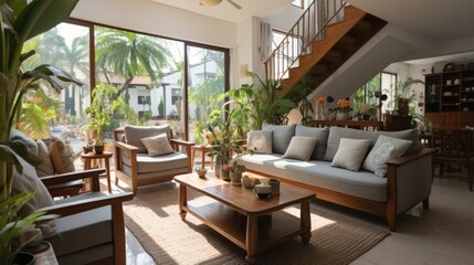 Fototapeta premium Family house interior design with wooden furniture and green plants