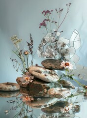 Still life with mirror shards and flowers