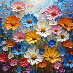 Colorful Beautiful Flowers Painted with Oil Paints - Bright Summer