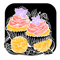 Sweet tasty dessert cupcake with cream and deco for morning breakfast in café or restaurant. Mini birthday cake for pleasure. Hand drawn colorful retro vintage illustration. Old style drawing.