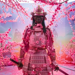 A Woman Warrior in Pink Samurai Armor Under a Cherry Blossom Tree
