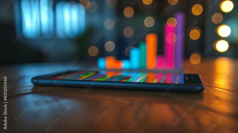 Poster a bar chart displayed on a smartphone screen, empowering users with real-time access to financial da