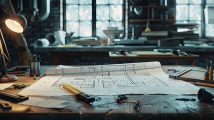 A construction blueprint on a desk, perfect for architectural bureaus, construction engineers, and design companies. The background features drafting tools and sheets with construction plans.