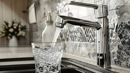 Closeup of modern water tap pouring purified water into glass . Concept Water Tap, Modern Design, Purified Water, Close-up, Glass Fill