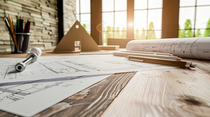 Construction Blueprint on Desk, Suitable for architectural bureaus, construction engineers, and design companies. The background can depict drafting tools and sheets with construction plans on a desk.