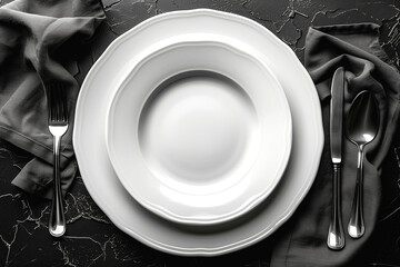 Minimalistic design of empty white plates on the table. View from above. A set of clean dishes. An aesthetic combination of white porcelain plates.