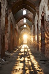 Fototapeta na wymiar Ruins of an old factory building with sunlight shining through the arched windows