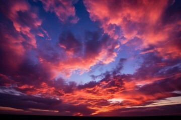 A vivid sunset sky with vibrant hues of pink, orange, and blue - obrazy, fototapety, plakaty