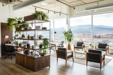 Modern office interior with large windows, plants, and a sitting area