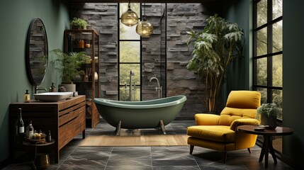Bathroom With Green Bathtub And Yellow Chair