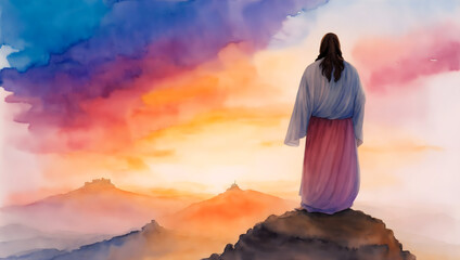 Watercolor Silhouette of Jesus Christ Atop a Mountain, Bathed in Sunset Glow, Symbol of Spiritual Uplift, the Power of Faith and the Presence of God