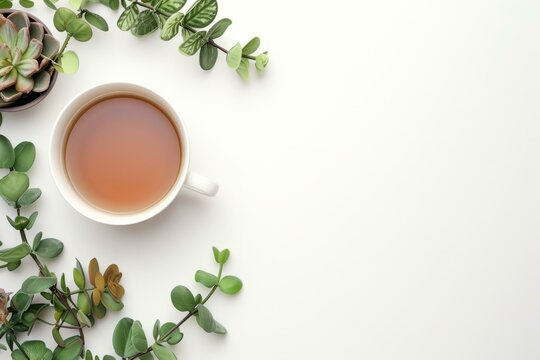A cup of tea on a white table with green plants