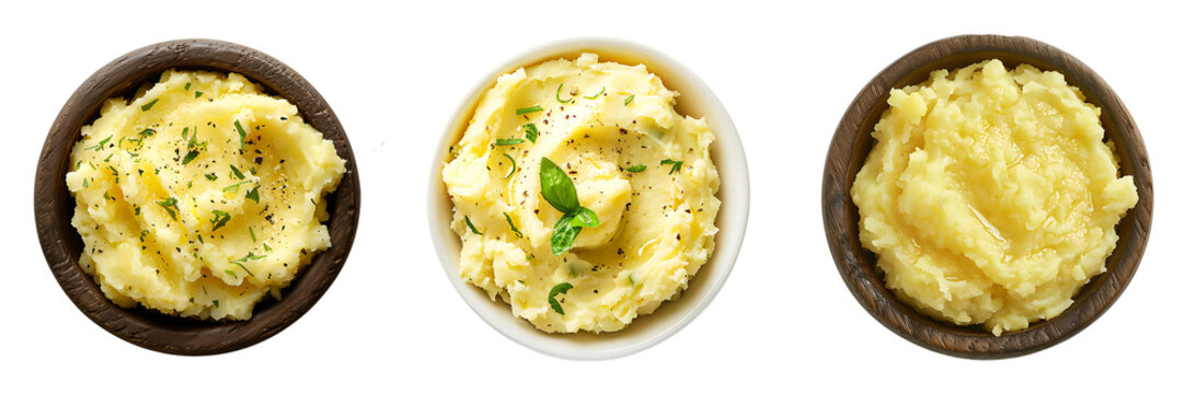 Photo taken from above, bowl of mashed potatoes isolated  on white or transparent background