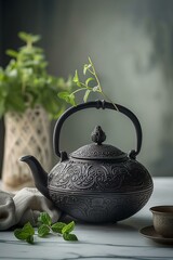 Black kettle with green mint leaves