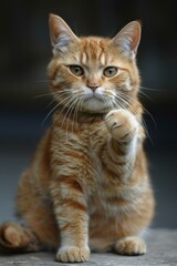 Obraz premium A ginger cat is sitting on a wooden railing with its paw raised in the air.