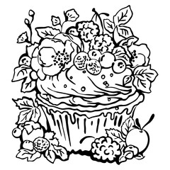 Sweet tasty dessert cupcake with cream and deco for morning breakfast in café or restaurant. Mini birthday cake for pleasure. Hand drawn colorful retro vintage illustration. Old style drawing.