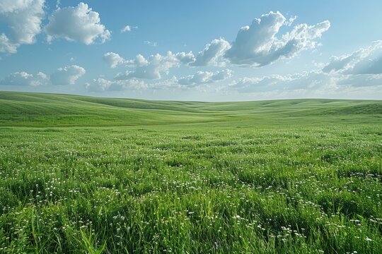 Green rolling hills under a blue sky with white clouds