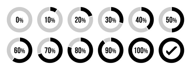Circle loading or circle progress collection. Set of circle percentage diagrams for infographics 0 10 20 30 40 50 60 70 80 90 100 percent in black and grey color. Vector infographics set.
