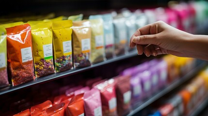 A hand reaching for a bag of colorful sprinkles on a grocery store shelf