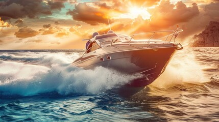 Close-up view of a fast motor boat on blue sea water. AI generated image