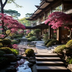Japanese garden with a traditional house and a beautiful pond