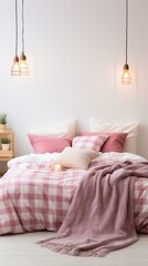 A cozy pink and white gingham bedroom with two pendant lights