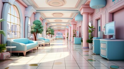 A retro futuristic hospital interior with pink and blue pastel colors - obrazy, fototapety, plakaty