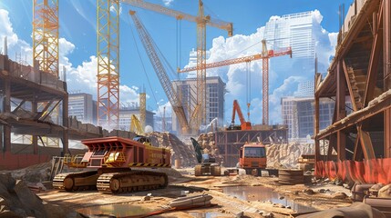 Construction Site with Cranes, Perfect for businesses specializing in construction equipment and services. bustling construction site, complete with towering cranes and ongoing development activities/