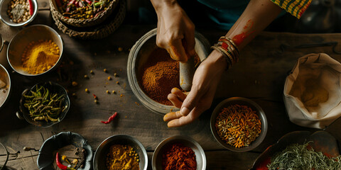 "Spice of Life: Indian Woman Grinding Spices in Kitchen | Culinary Traditions"
