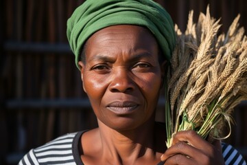 Portrait of a woman holding a bundle of wheat