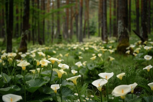 Calla lilies in a forest