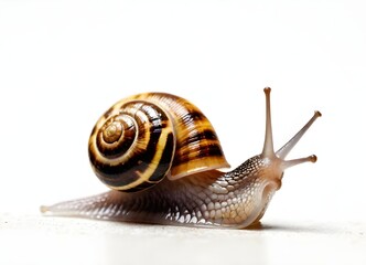 A close-up of a snail with a spiral shell, sitting on a surface