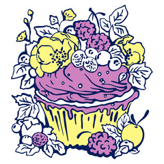 Sweet tasty dessert cupcake with cream and deco for morning breakfast in café or restaurant. Mini birthday cake for pleasure. Hand drawn colorful retro vintage illustration. Old style drawing.