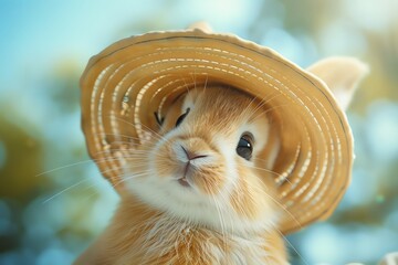 A cute bunny wearing a straw hat is looking at the camera. The bunny is sitting in a field of flowers. The background is blurred.