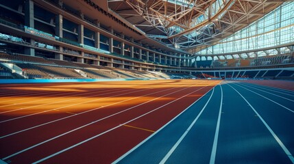 An empty running track under stadium lights evokes the quiet before the storm of competition,...