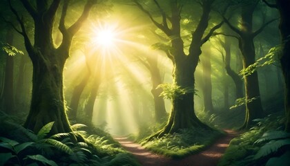 A lush, verdant forest with sunlight filtering through the trees creating a warm, magical atmosphere. The background features a dense canopy of leaves and branches