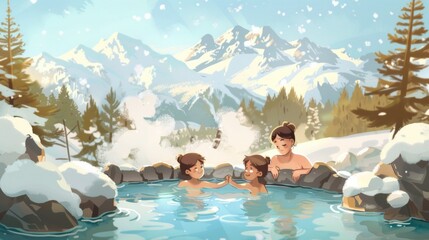 Hot spring spa with snow mountain