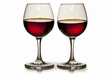 Two glasses of red wine on a white background