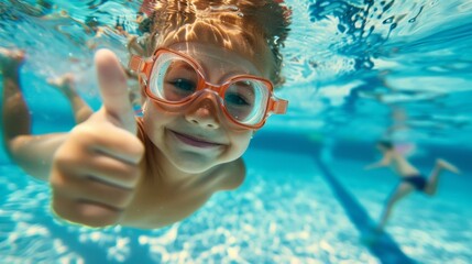 Naklejka premium Underwater portrait of happy boy with thumbs up gesture in swimming pool.