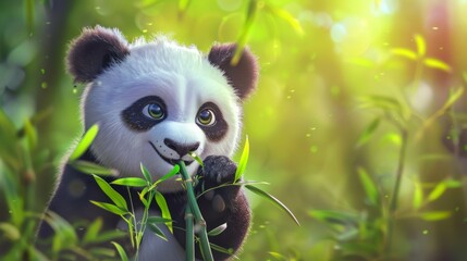 A cute panda with bamboo leaves in bamboo forest