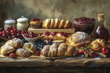 A Constitution Day breakfast spread awaits on a rustic wooden table adorned with freshly baked goods and jam.