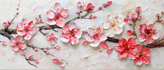 Exquisite close-up of cherry blossoms in full bloom, artfully rendered in vibrant hues on a textured canvas
