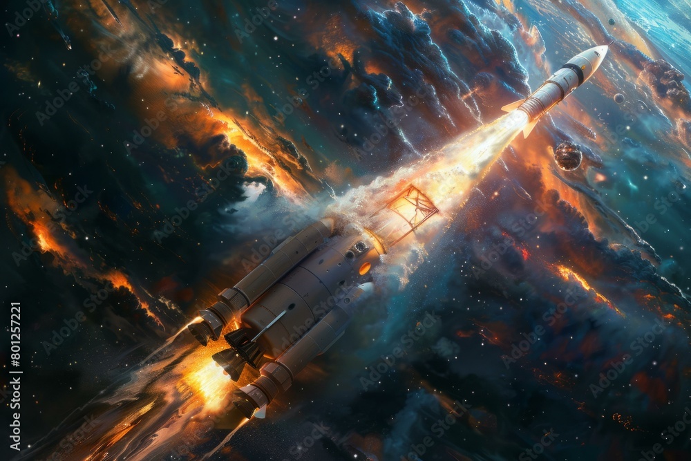 Poster a rocket ship launching into space with a beautiful colorful nebula in the background