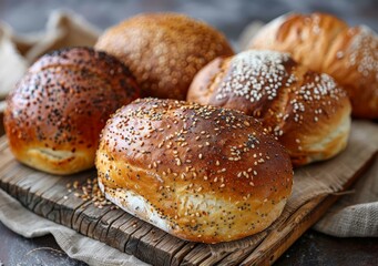 Various types of bread on a wooden table